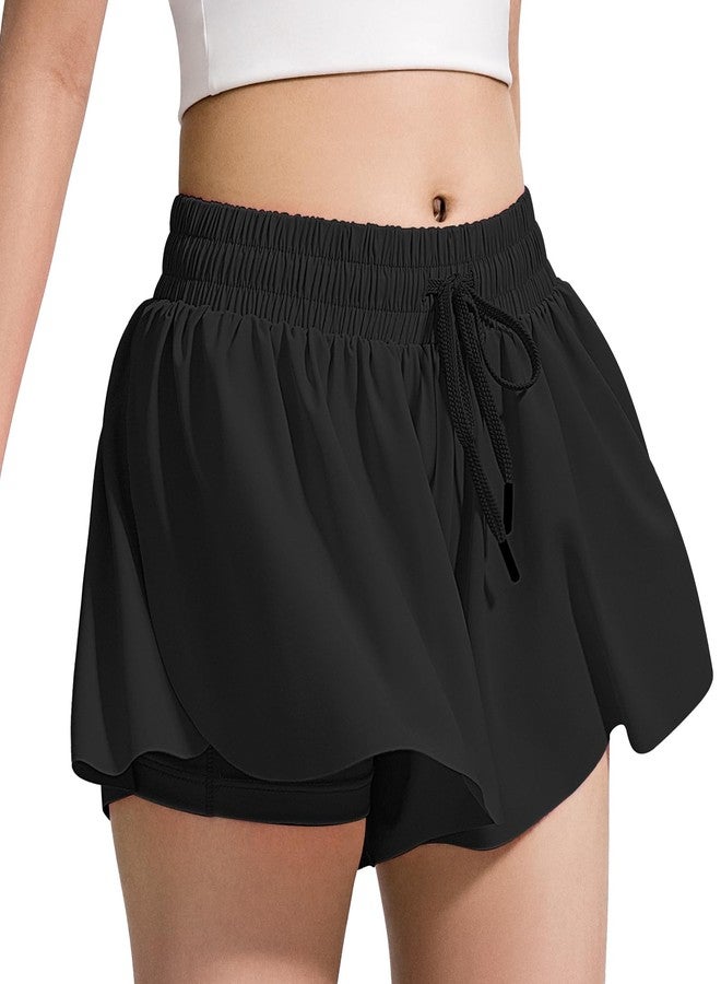 BOOPH Girls Flowy Butterfly Shorts Athletic Shorts Girls with Inner Pockets for Running Tennis Black 13-14Y - Image 1